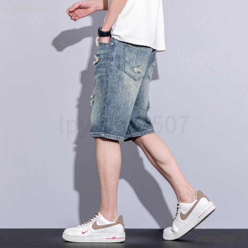 破洞牛仔男生夏季薄款冰凉舒适潮牌中裤小众设计宽松休闲夏季百搭