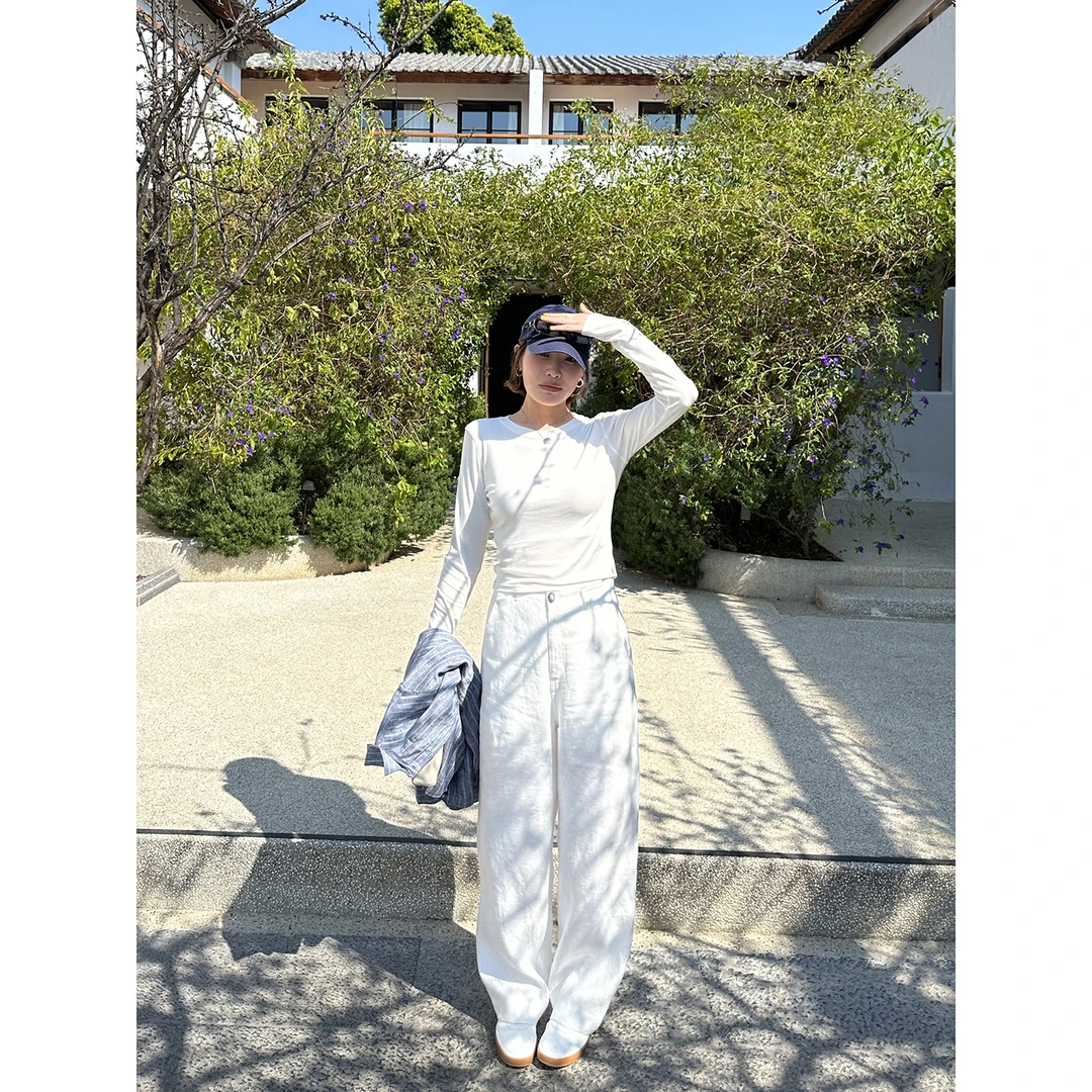 YANGLE_白色亚麻休闲裤女2025年夏季新款简约高腰宽松直筒拖地裤