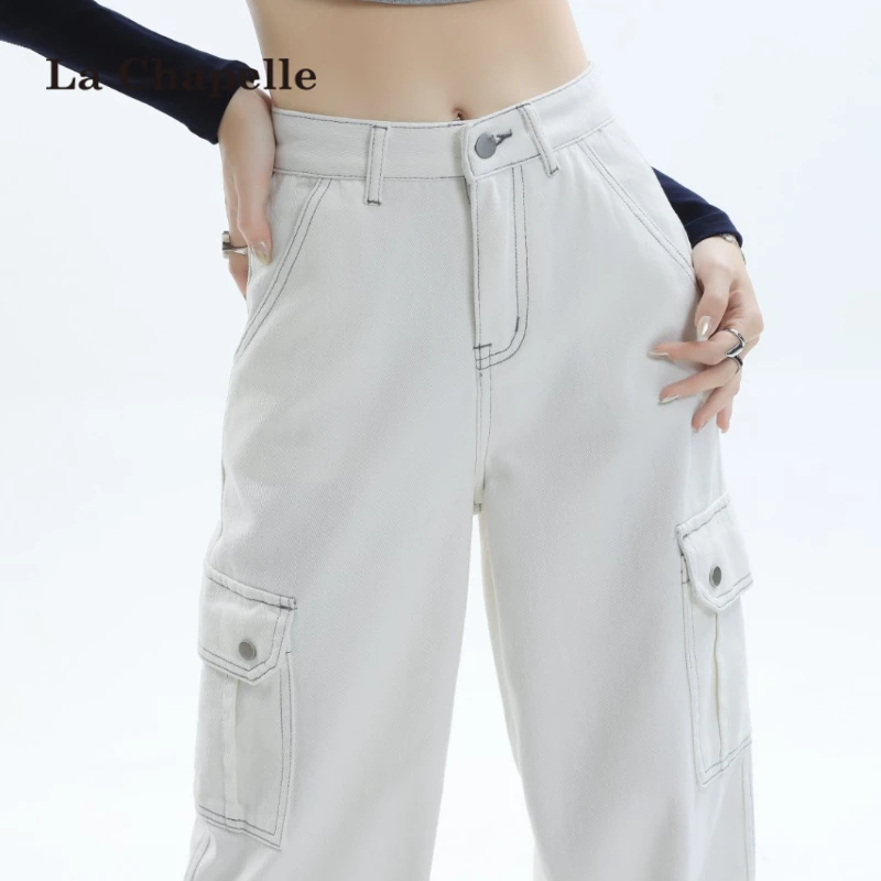 拉夏贝尔白色工装裤女2025新款秋季多口袋宽松垂感美式直筒阔腿裤