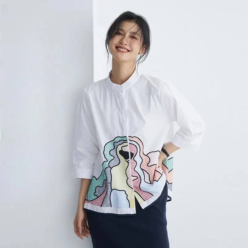 欧洲站春秋新款韩版衬衫女七分袖时尚绣花立领a字娃娃衫上衣夏季