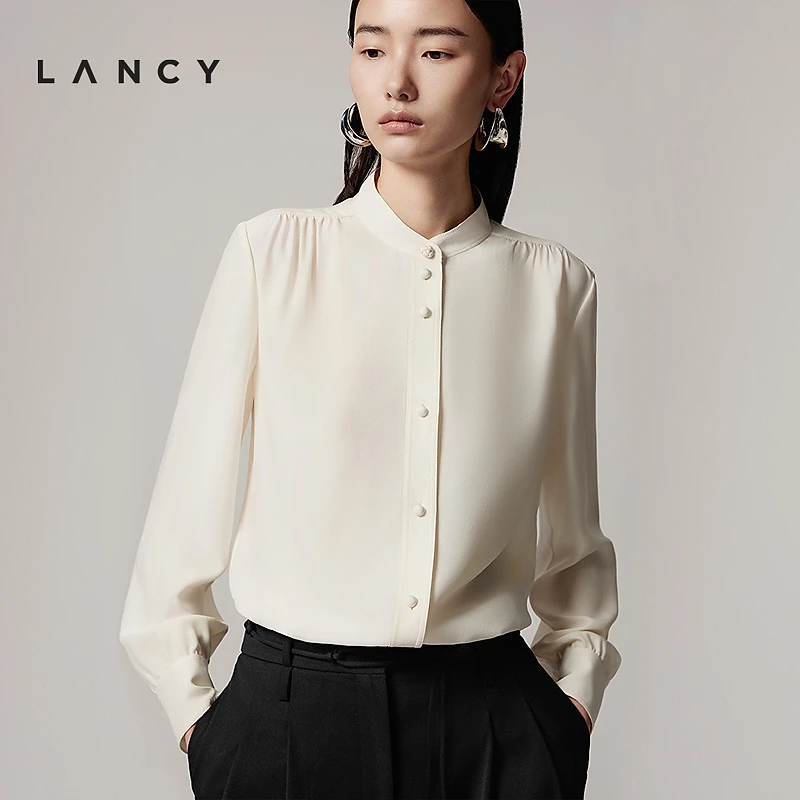 【100%桑蚕丝】LANCY/朗姿2025秋新款气质高级真丝立领长袖衬衫女LC