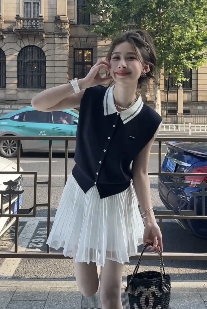 ZYY戛纳都市2025S/S新品夏季无袖POLO领针织衫女X2➕白色短裙