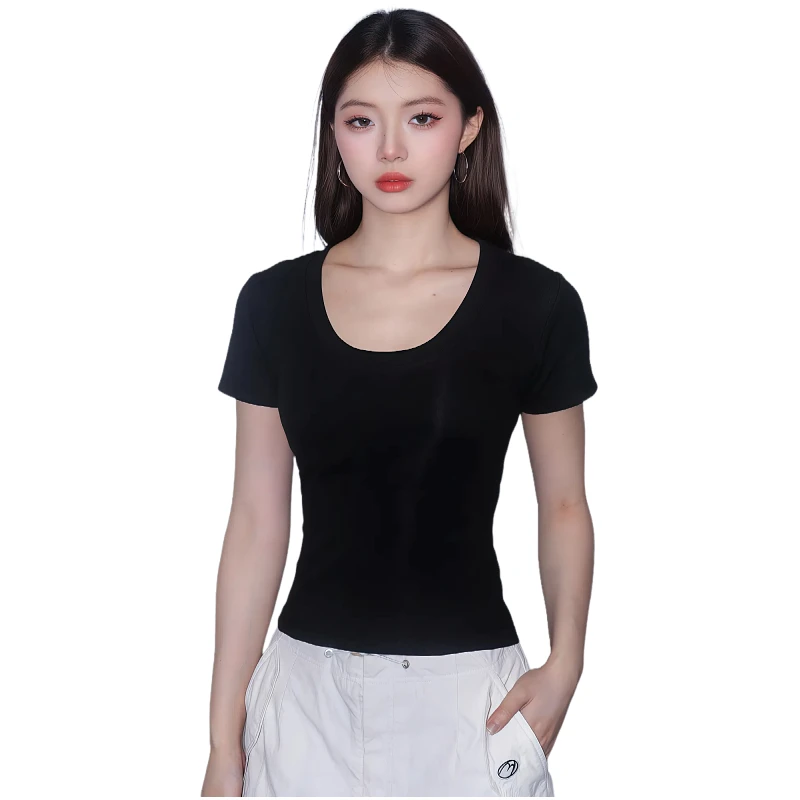 2025年夏季宽松落肩袖短袖黑色短袖弹力纯色T恤圆领紧身白底t恤女