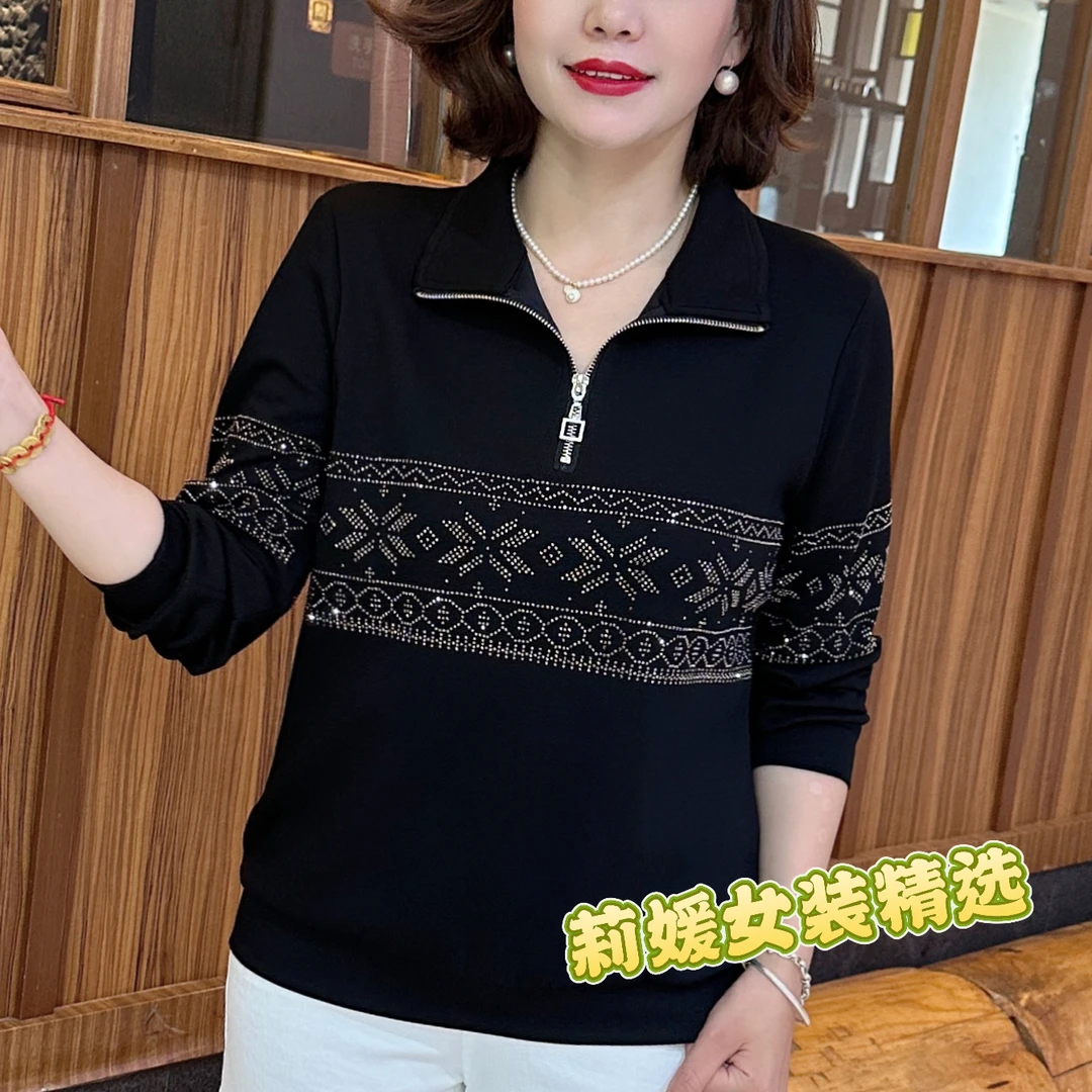 秋季新款时尚立领烫钻洋气妈妈装宽松显瘦减龄百搭长袖上衣 A6608