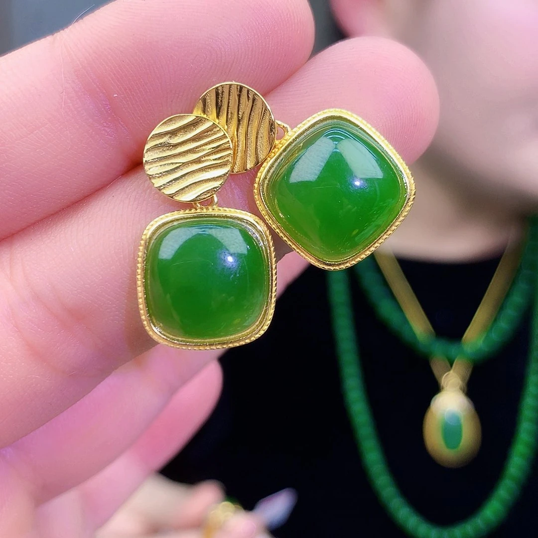 吊坠(不含链)银S925镶嵌和田玉（碧玉）耳钉