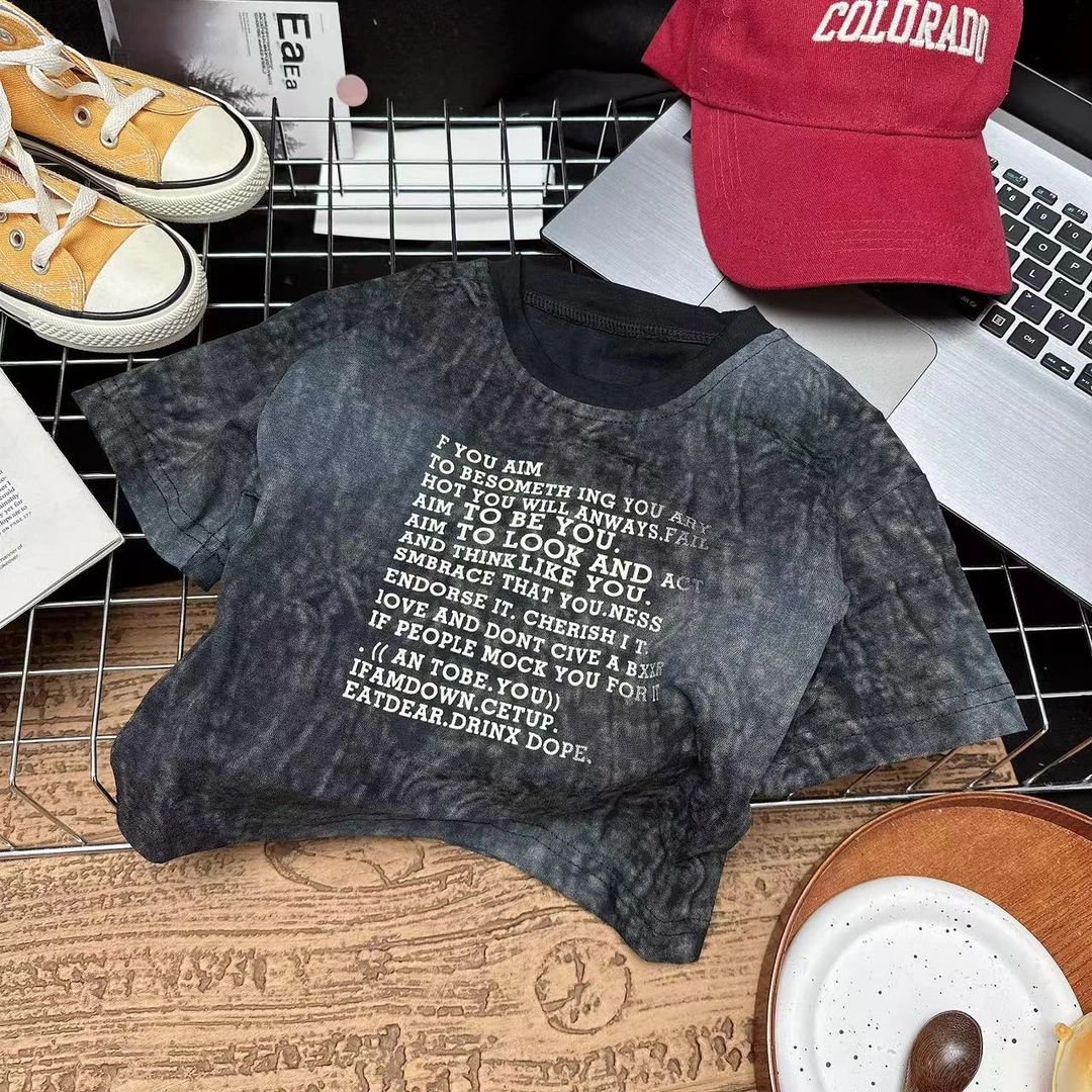 儿童夏装扎染短袖T恤纯棉夏季2025新款洋气做旧痞帅男孩上衣-492