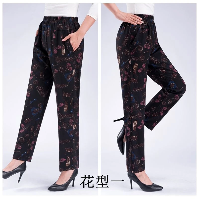 奶奶花裤子中老年女春秋新款宽松高腰休闲长裤松紧腰夏季薄款老人