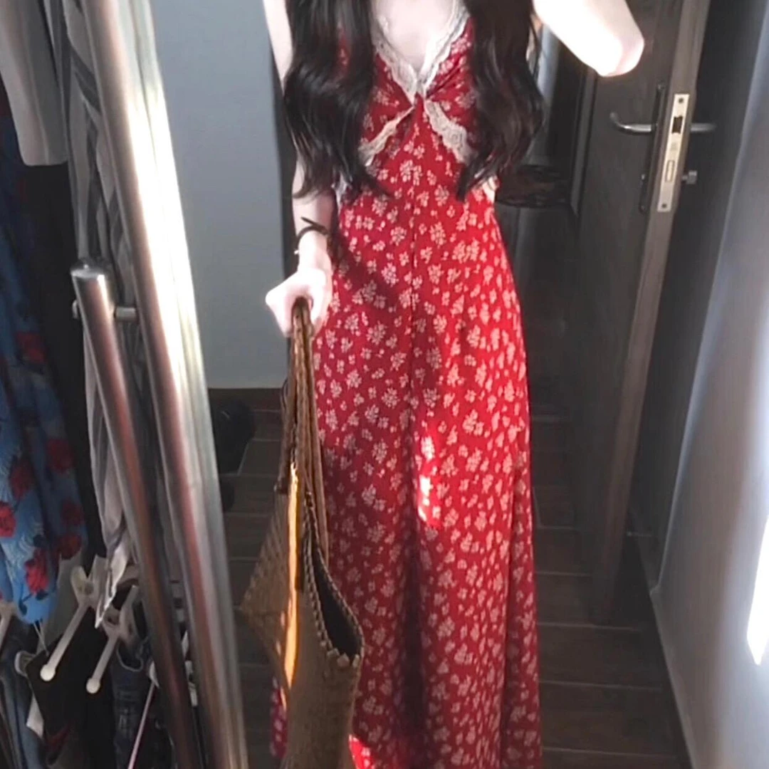 【仲夏之夜】复古气质V领吊带连衣裙女春度假风蕾丝拼接碎花长裙