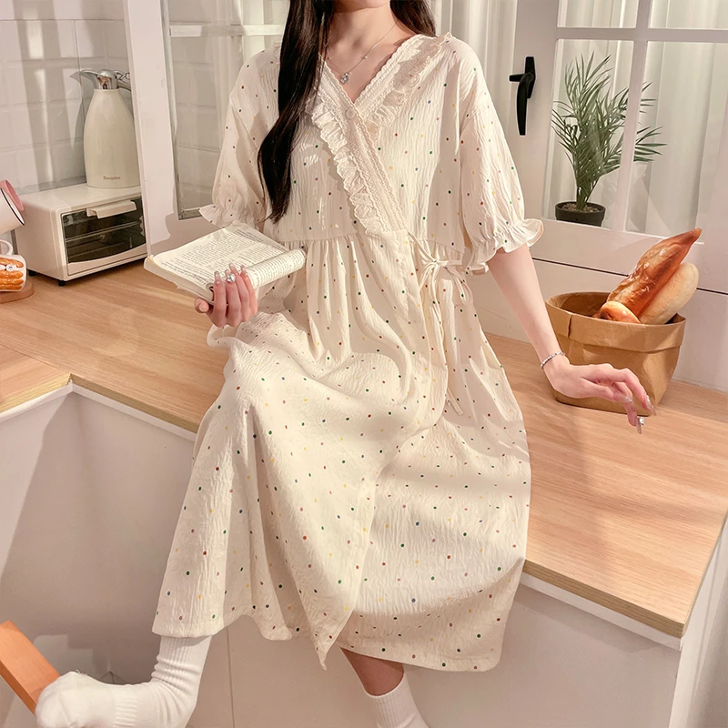 夏季孕妇睡衣短袖薄款云朵棉和服产后哺乳中长款孕期产检内检睡裙