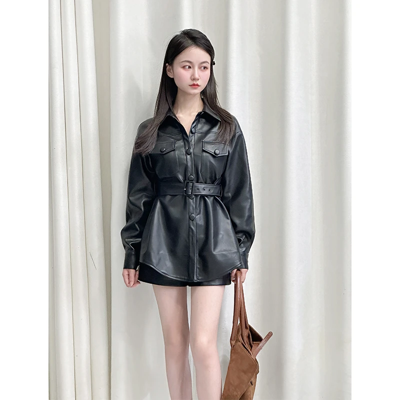 【曼尼时差】小娜椒小个子秋季美式复古百搭腰带皮衣夹克外套女