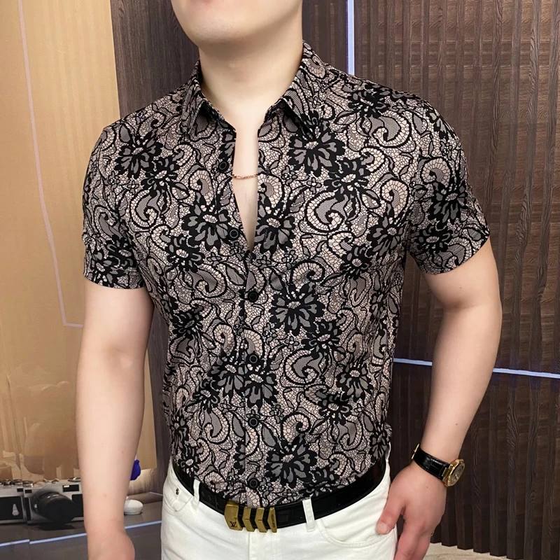 《波点腰果花》2025夏衬衫男士翻领帅气修身商务时尚休闲百搭潮流-W