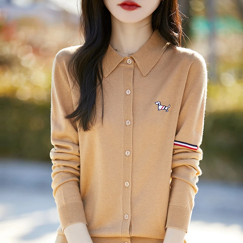高级感刺绣狗翻领羊毛针织衫开衫外套春季新款宽松百搭毛衣女上衣