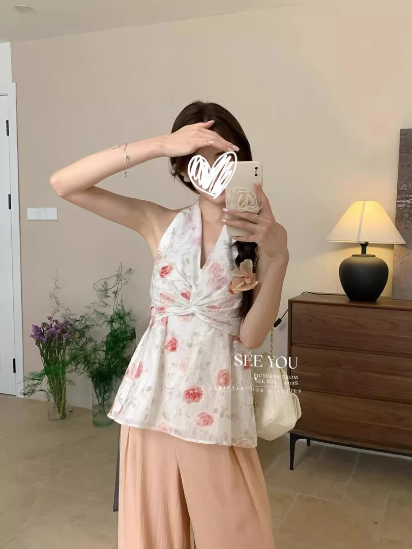 玫瑰印花V领扭结设计背后绑带2025新款通勤显瘦上衣小衫