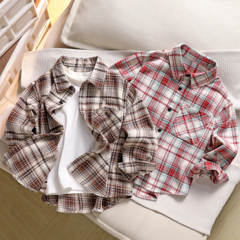男童格子衬衫春秋款2025中大童男孩衬衣休闲简约儿童口袋百搭长袖