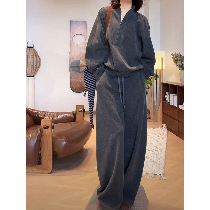 慵懒风套装女装2025秋季新款简约宽松显瘦灰色卫衣+阔腿裤两件套