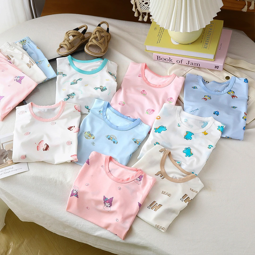 【7A抗菌】儿童男童女孩夏季薄款睡衣空调服小孩宝宝七分袖家居套装