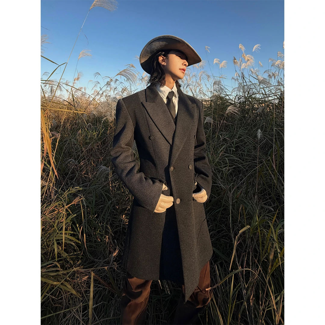 BALITONE“麦琪的礼物”原创黑灰拼色重工斜纹修身中长款西装外套