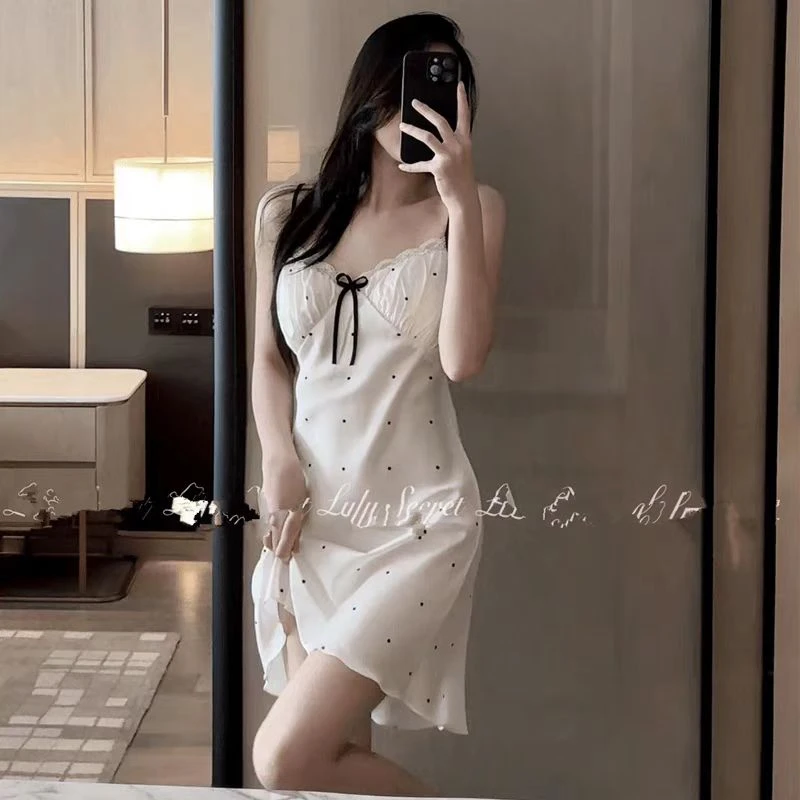 印花薄款吊中裙性感女睡裙连衣裙法式蕾丝波点纯欲夏季女士家居服