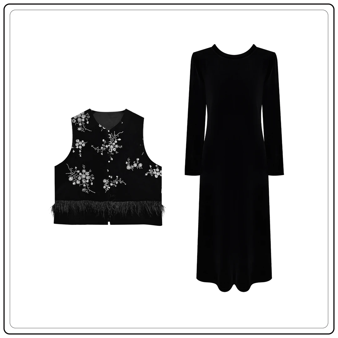 7297新中式亮片串珠刺绣丝绒羽毛短 马甲女+丝绒裙 套装