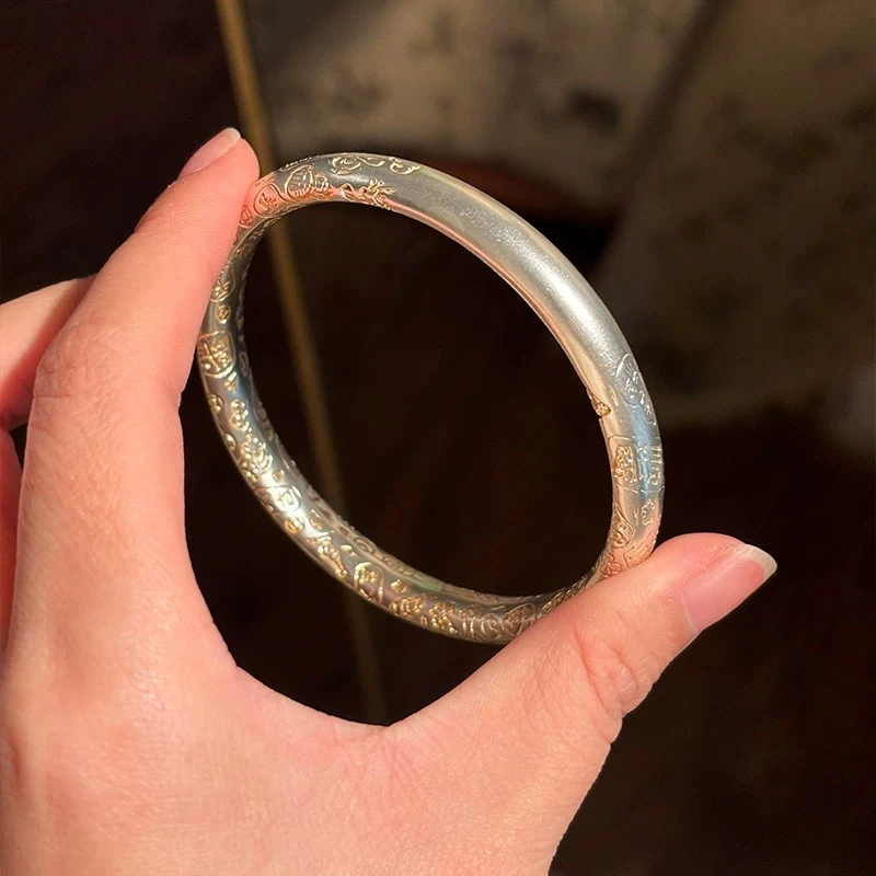 足银手镯 足银手镯 33号 吉言描金闭口实心足银手镯