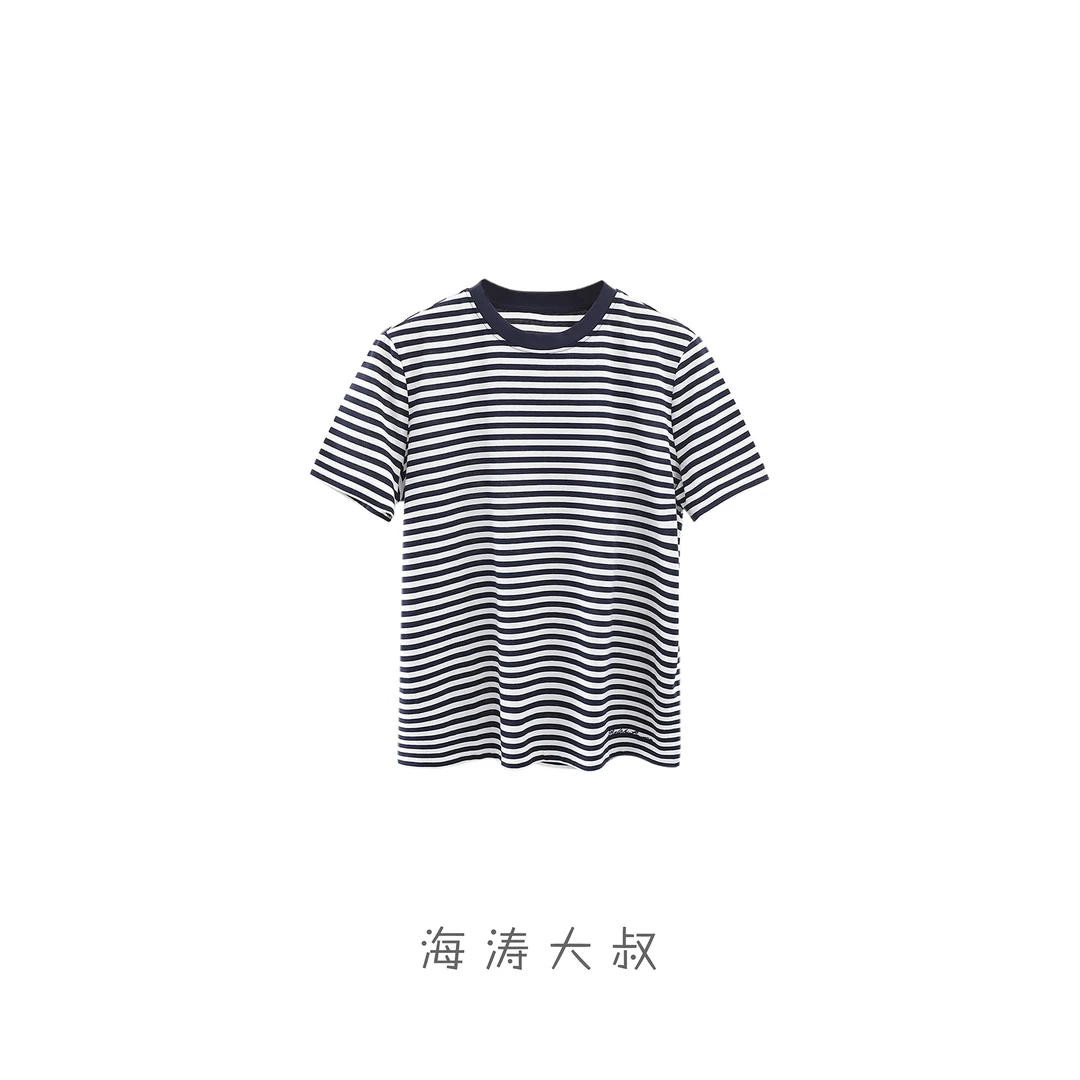 【海涛大叔】慵懒风纯棉撞色领条纹短袖