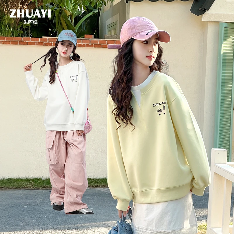 女大童猫咪假两件卫衣2025春季新款休闲长袖宽松圆领卫衣