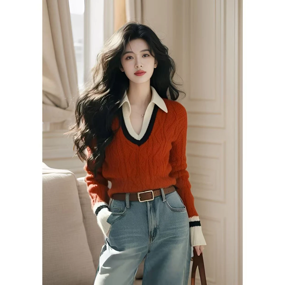 2025新款本命年新年慵懒高级感上衣红色翻v领内搭针织毛衣女冬