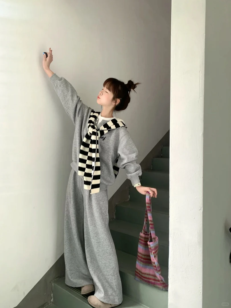 WETAYOE 韩版休闲运动灰色卫衣宽松套装女韩系通勤百搭高级感