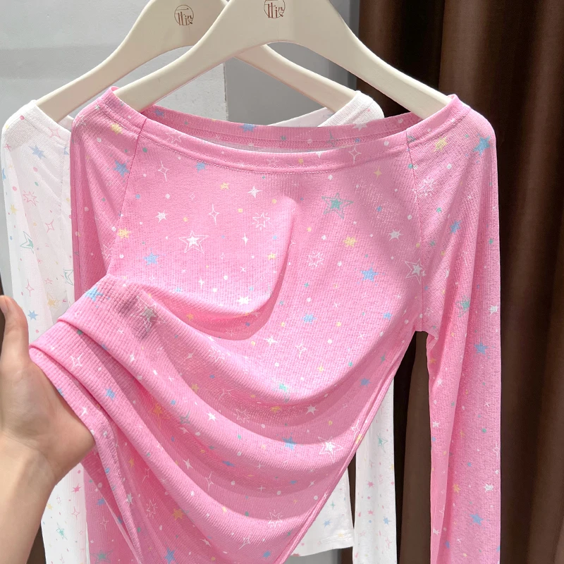 2025春季粉色T恤针织衫上衣女内搭星星印花长袖一字肩宽松打底衫