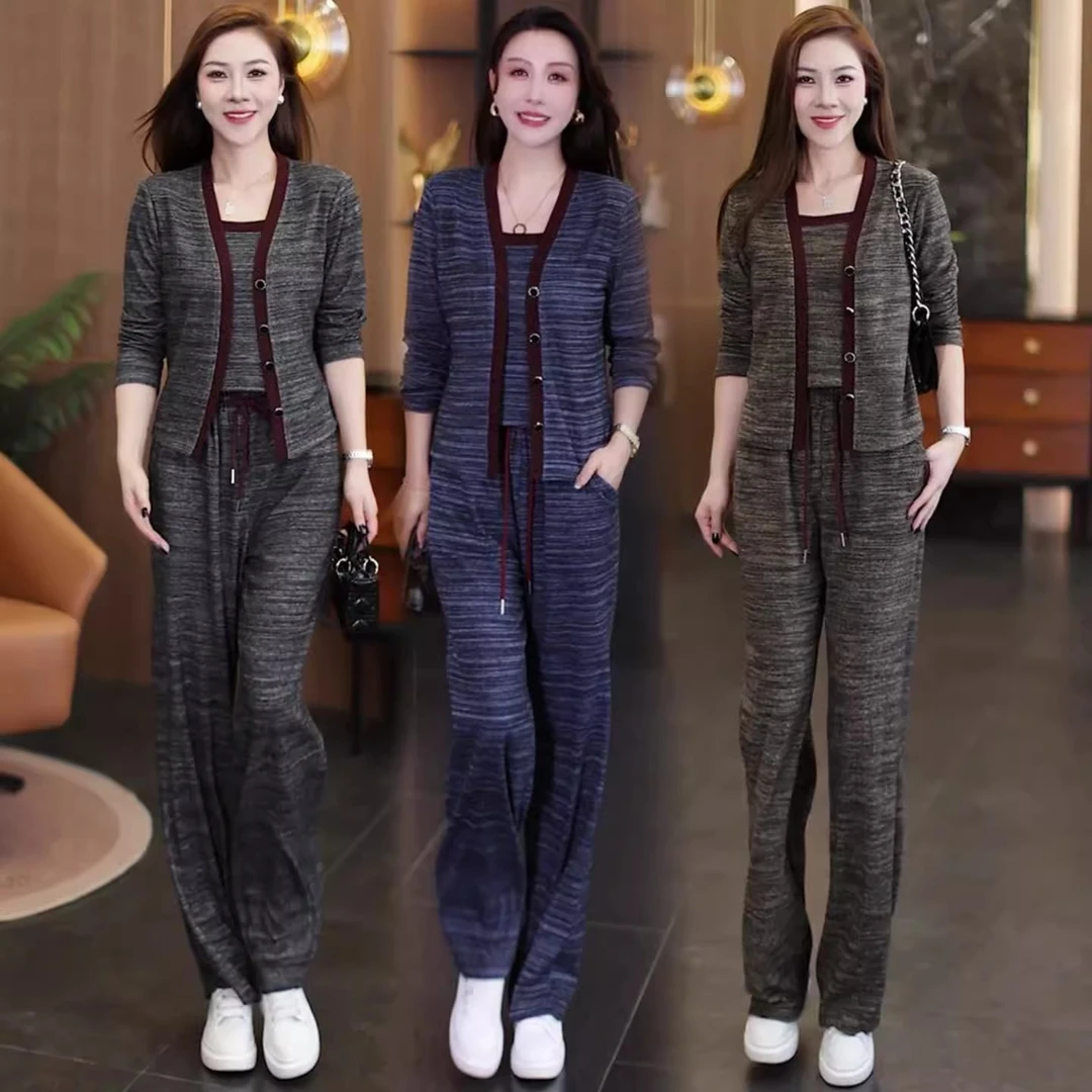 时尚休闲套装女2025秋季新款洋气质显瘦洋气开衫背心阔腿裤三件套