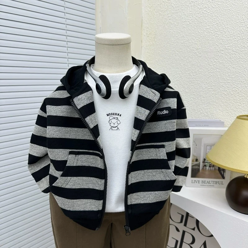 儿童春款外套2025新款男女童经典条纹开衫上衣中小童洋气百搭潮款