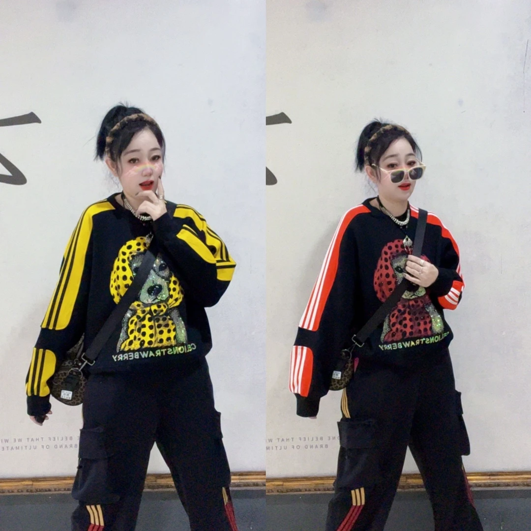 FM#6621欧货潮牌2025春季新款重工烫钻拼色宽松圆领长袖卫衣女