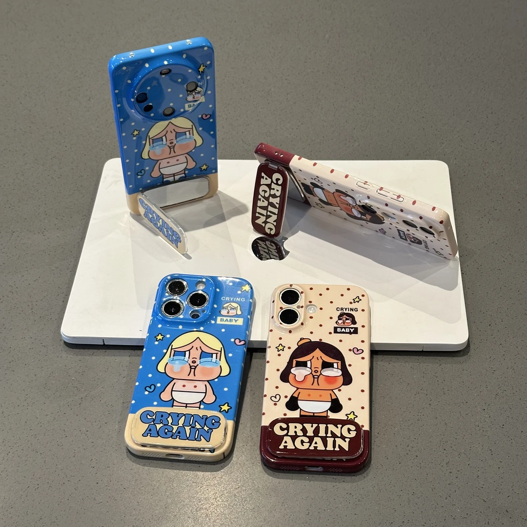 夕与空可爱卡通哭娃支架适用苹果16手机壳华为P70vivo小米15oppo