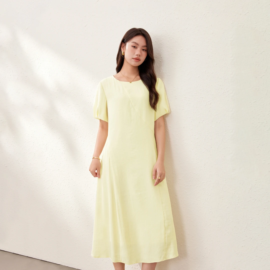 【雾语听风②】纤莉秀大码女装莫代尔泡泡袖度假圆领连衣裙QK2328