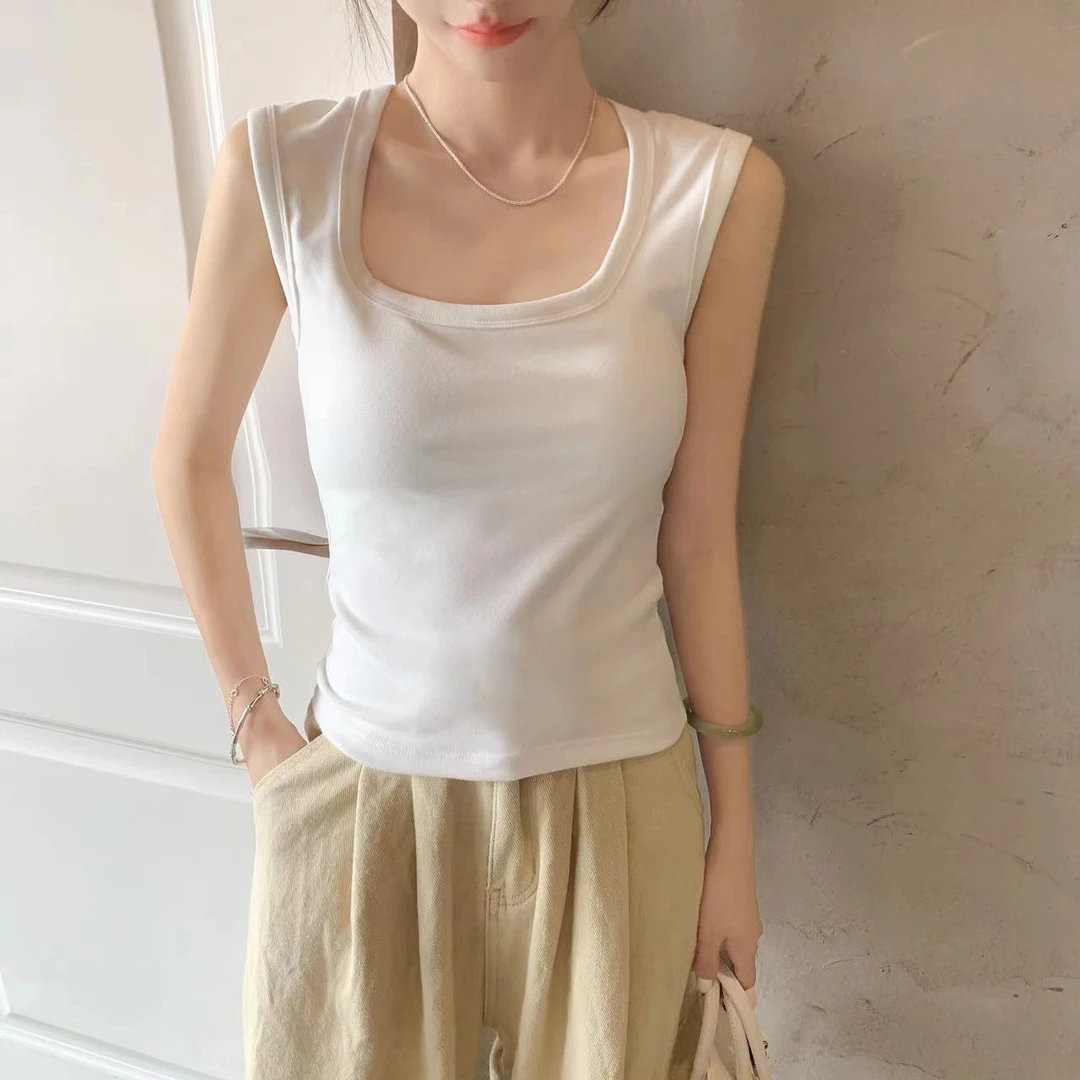 德绒新款秋冬保暖吊带背心女装方领白色无袖一体打底显瘦外穿上衣