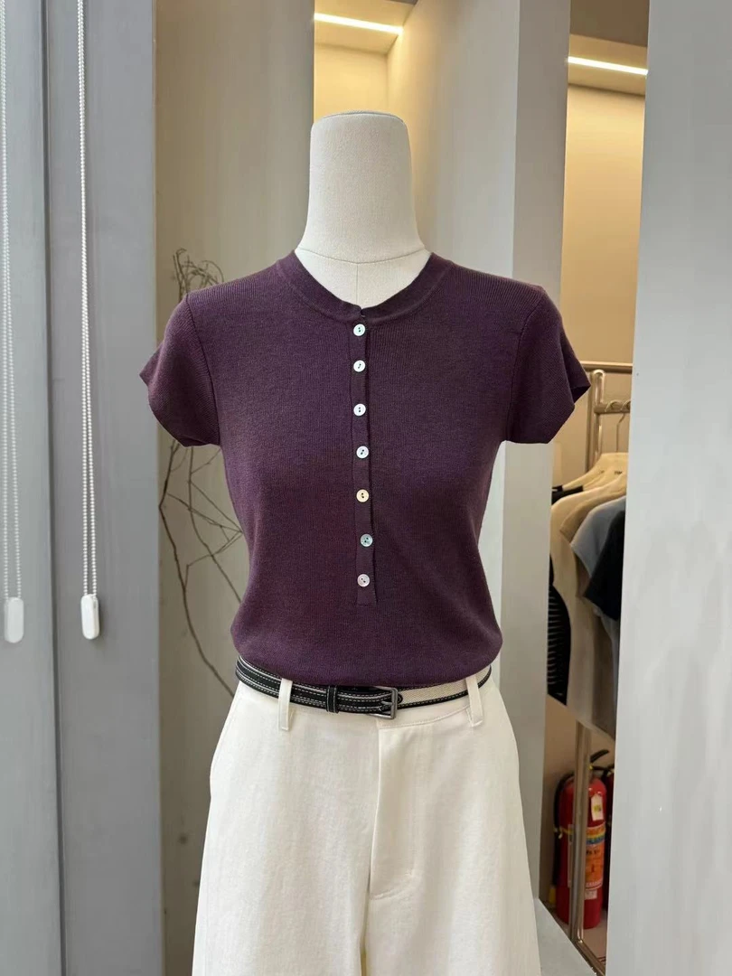 夏季新款短袖纽扣纯色韩系修身T恤气质修身打底针织日奢风
