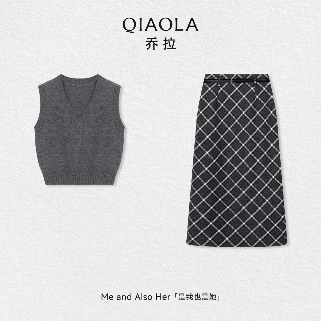 QIAOLA/乔拉【长岛假期】秋冬季毛织V领格纹慵懒百搭时尚套装