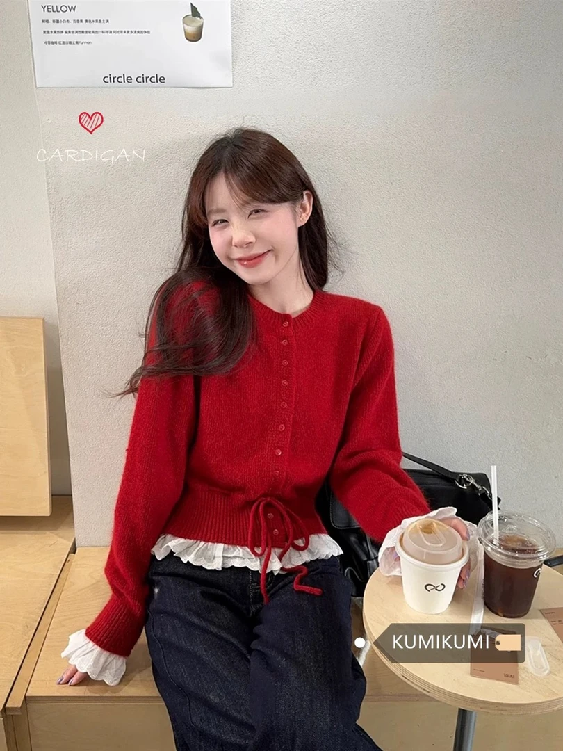 芭蕾少女新年红色针织衫毛衣冬季甜美设计感荷针织衫