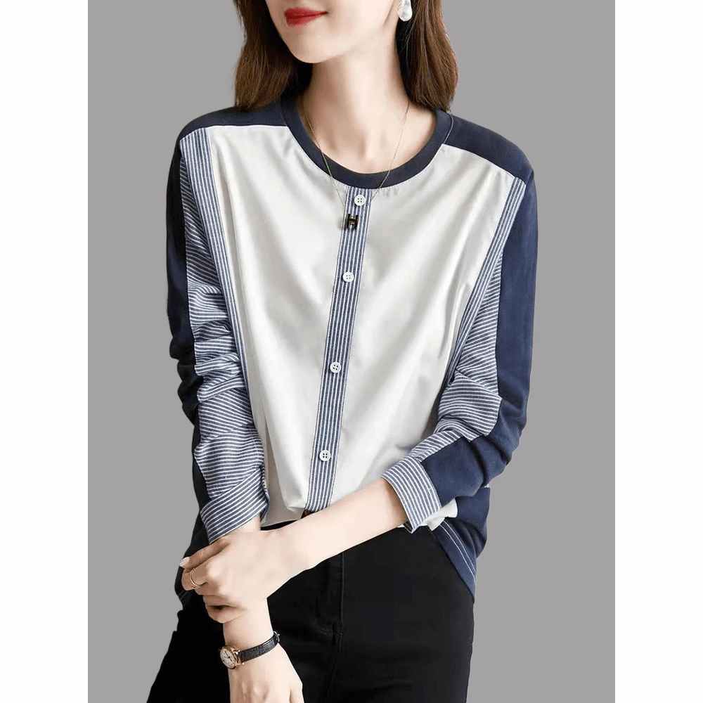 女士条纹衬衫2025早秋季新款时尚宽松大码休闲显瘦设计感拼接上衣