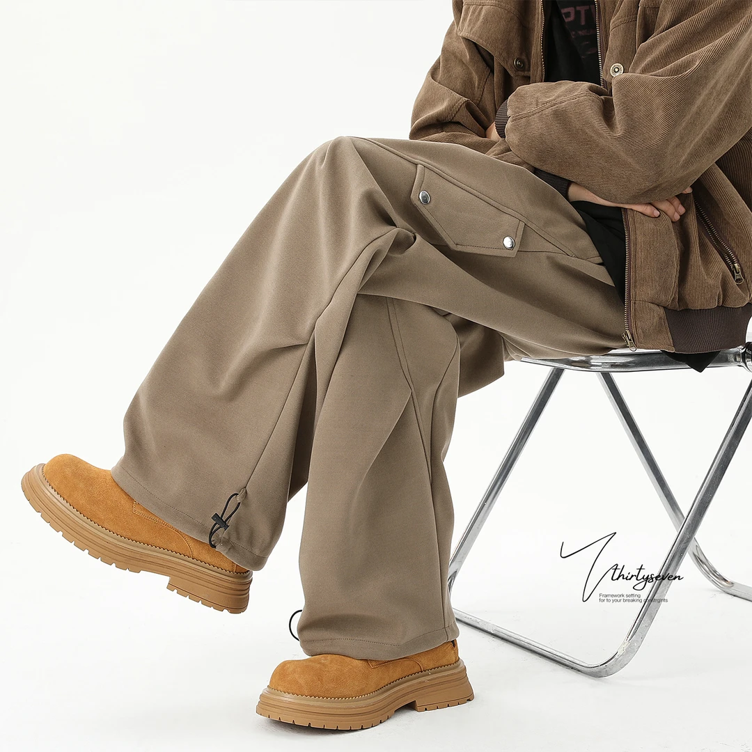 V37美式卡其色撞色拼接运动卫裤男款秋季潮牌宽松阔腿休闲长裤子