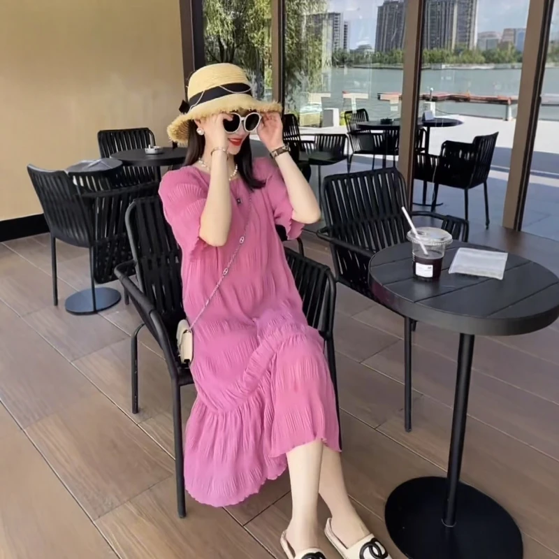 大码胖mm法式气质连衣裙女夏季新款收腰减龄显瘦遮肚压褶茶歇裙子