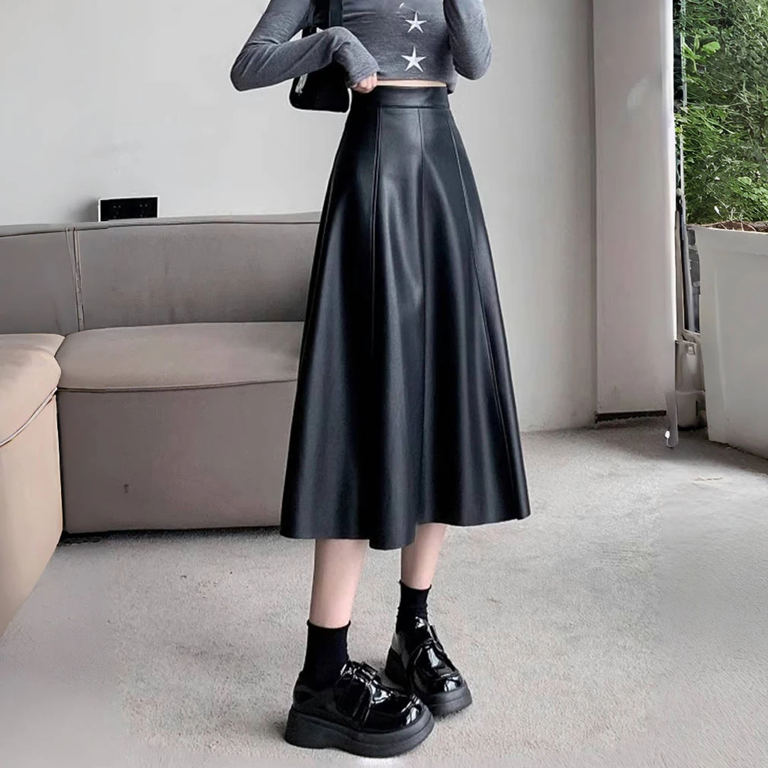 小个子皮裙半身裙女秋冬季百搭显瘦pu皮软皮高级感黑色伞裙a字裙