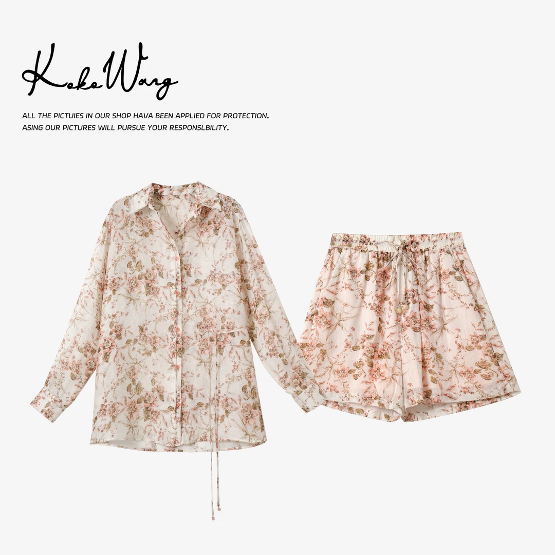 KOKOWANG夏季新款桑蚕丝亚麻时尚印花衬衫短裤套装 535705D22H41