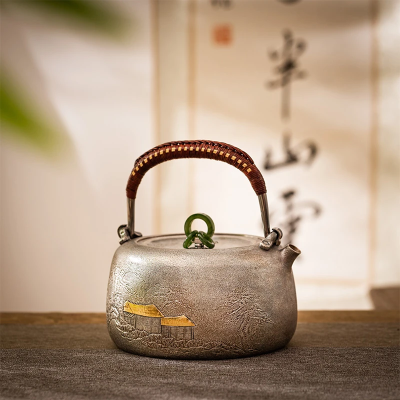 蜂鸟工坊傳家银把三环波荡漾錾刻金屋农家提梁大壶SWA2034