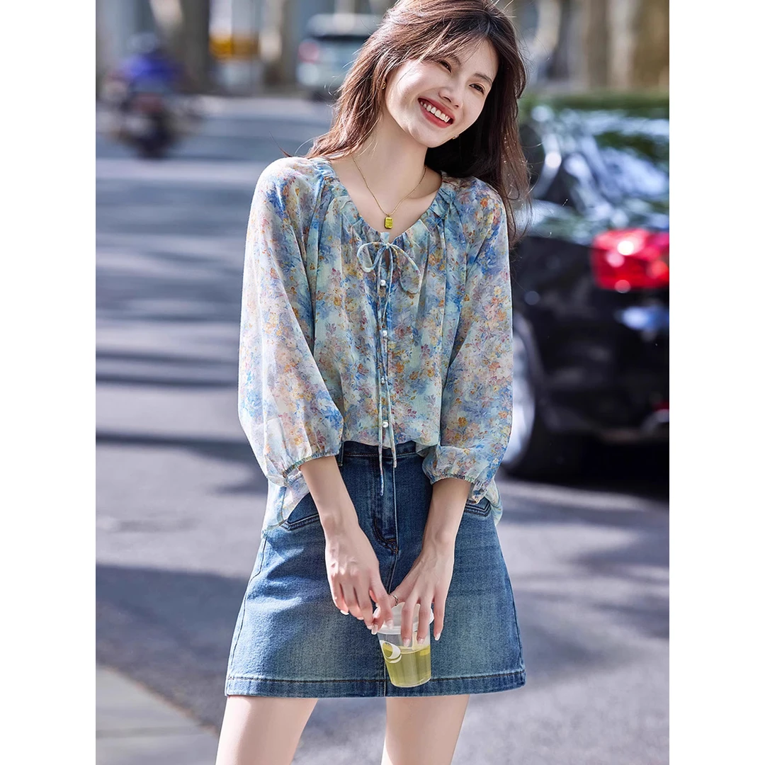 七分袖雪纺衬衫2025夏季舒适别致碎花设计感小衫高端显瘦法式系带