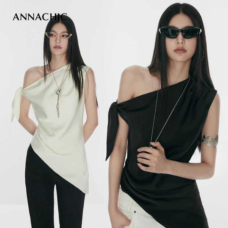 ANNACHIC米杏色不对称斜领衬衫女夏季收腰显瘦衬衣法式缎面上衣