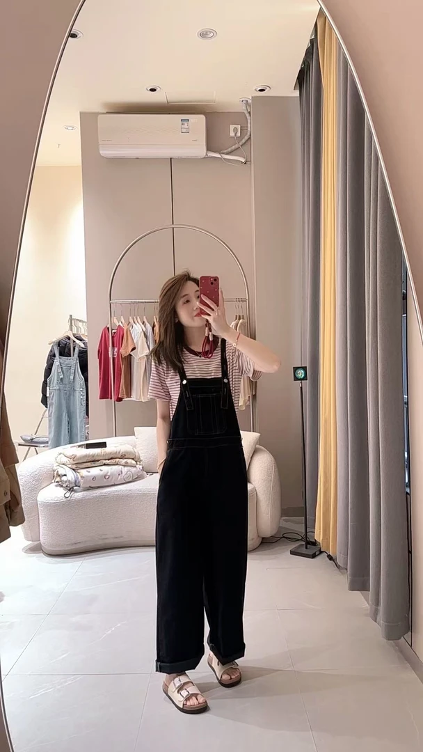 觅裳家 【减龄】160新款韩版宽松遮肉显瘦休闲牛仔背带牛仔裤