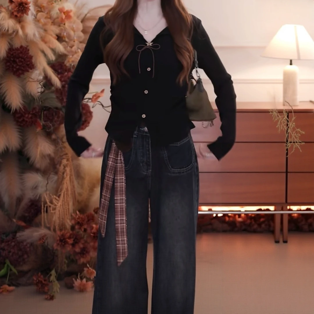 卡其色蝴蝶结v领长袖t恤女2025秋季新款小众修身长袖打底上衣