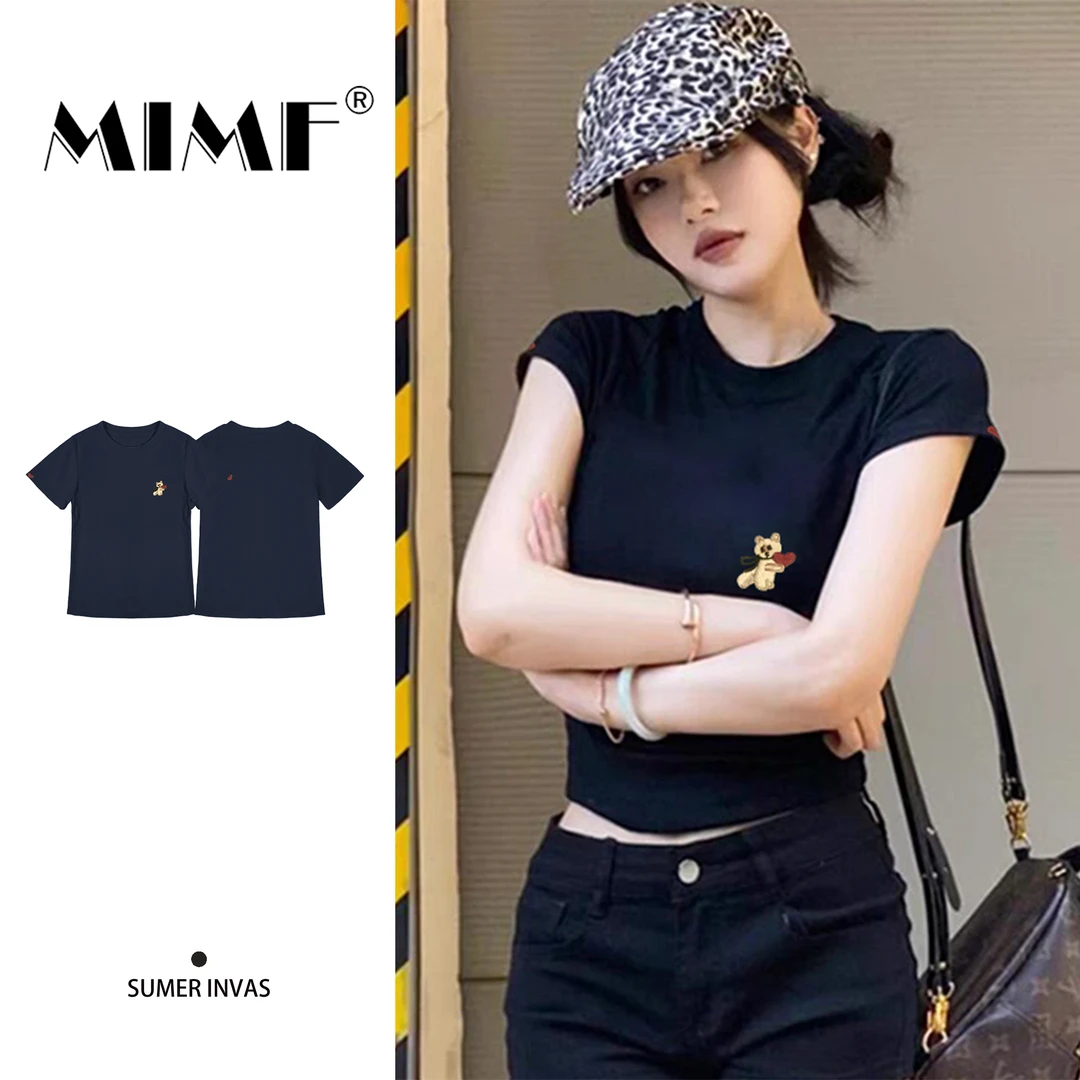 mnmf小熊爱心印花夏季新款休闲装百搭修身显瘦小版T上衣短袖T恤女