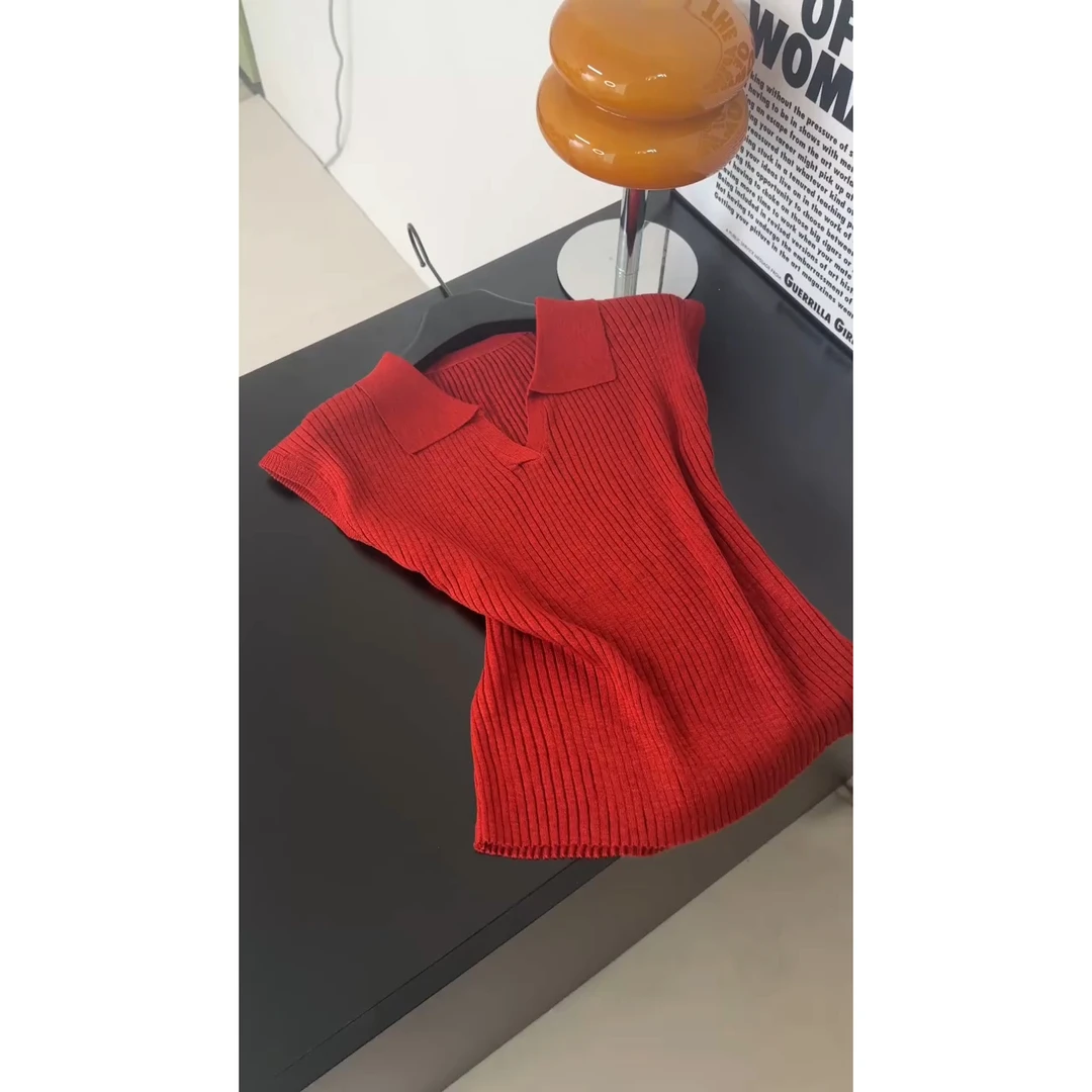 2025夏季新款时尚百搭翻领无袖针织衫简约纯色气质显瘦修身上衣